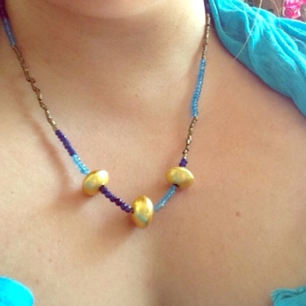 WENDY MINK Boho Lapis & Gold Drum Necklace